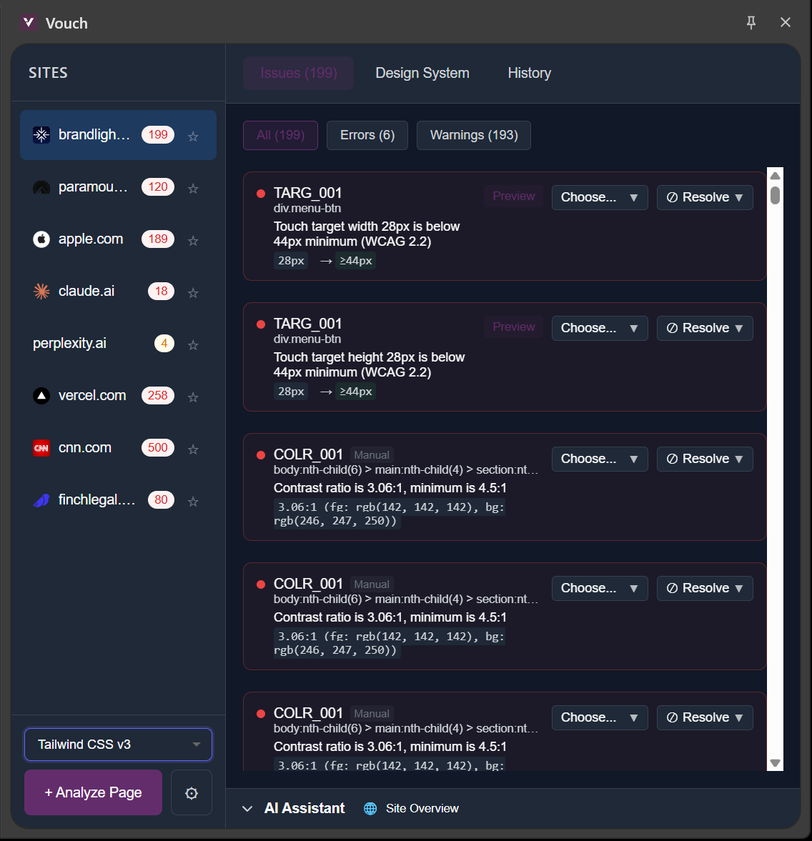 Vouch extension analyzing a webpage, showing design errors highlighted