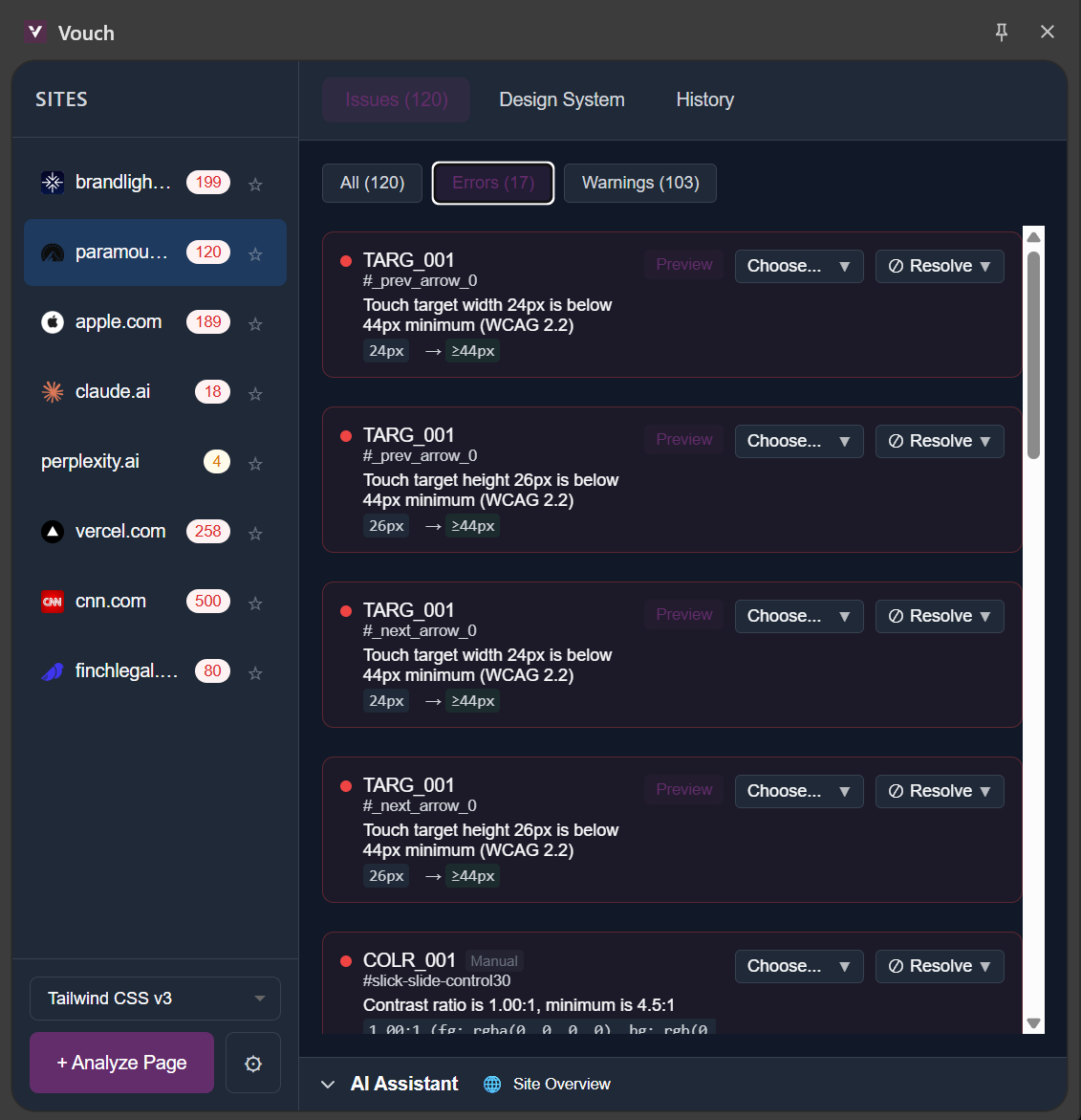 Vouch extension overlay showing errors highlighted on a webpage