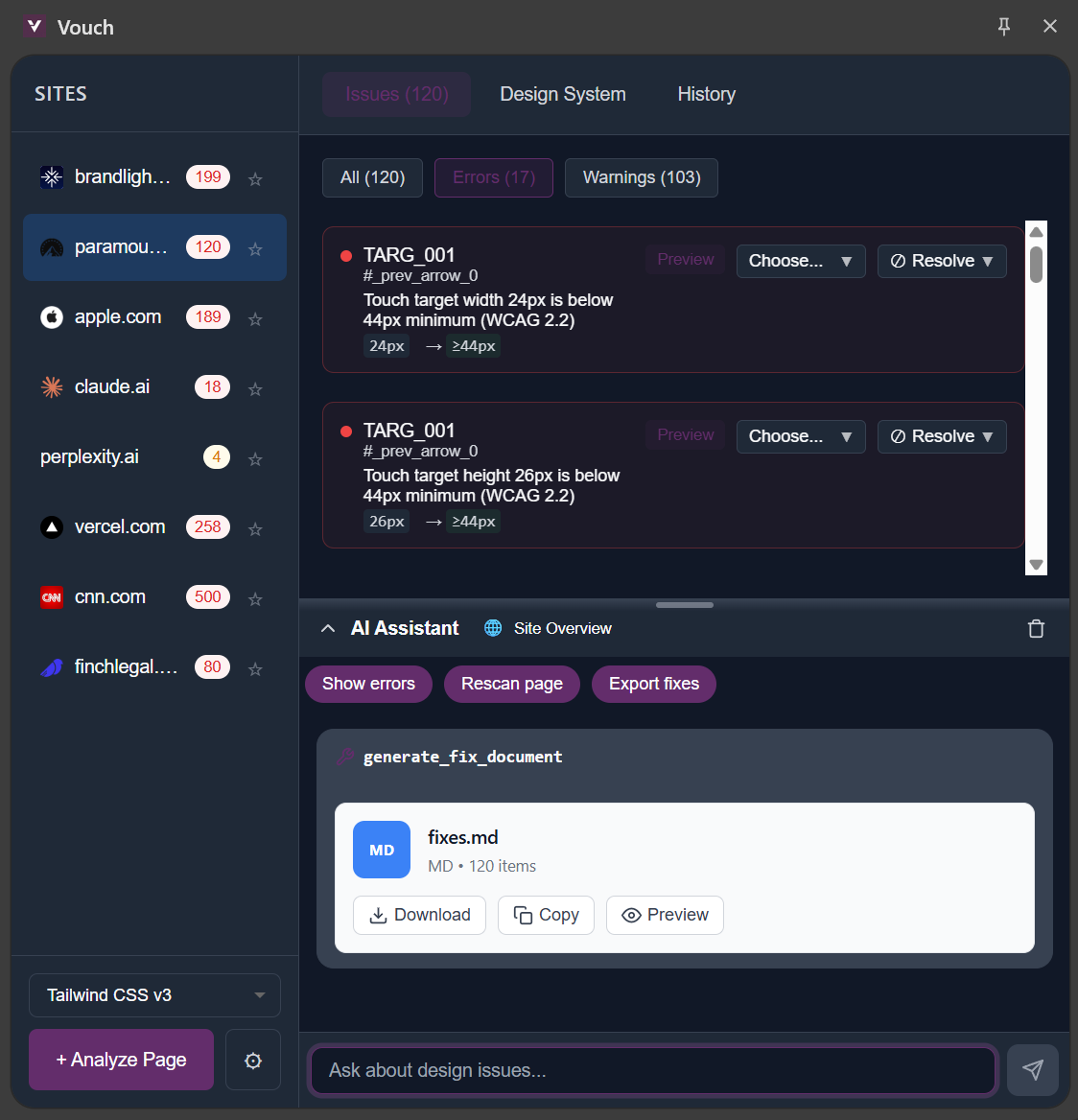 Vouch copy/export interface showing AI-ready output